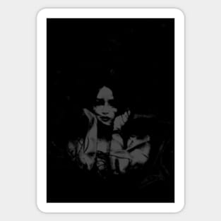 Beautiful girl with black stains on skin, holding hands near head. Dark and dim, grayscale. Sticker